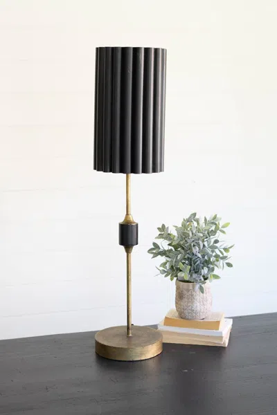 Kalalou Antique Gold Table Lamp With Fluted Black Metal Shade
