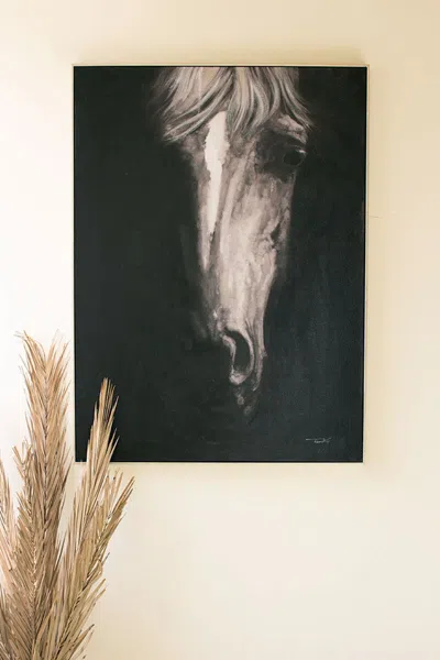 Kalalou Black & White Front View Horse With Silver Frame Acrylic Painting