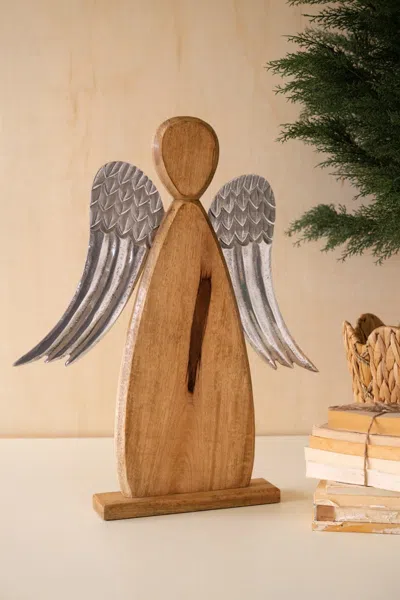 Kalalou Carved Mango Wood Angel With Aluminium Wings In Brown