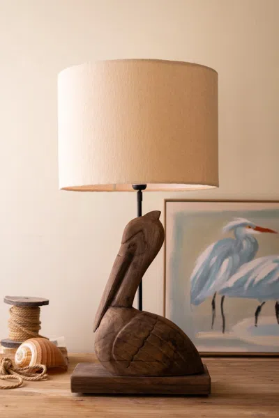 Kalalou Carved Mango Wood Pelican Table Lamp Base With Shade In Brown