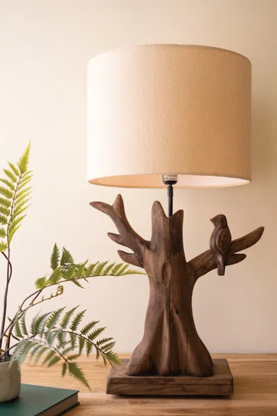 Kalalou Carved Mango Wood Tree With Bird Lamp Base With Shade In Brown