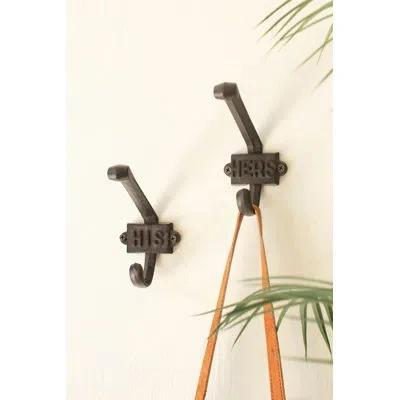 Kalalou Cast Iron His/hers Hooks 4"h Brown Textured Wall Hook Set Of 2 In Black