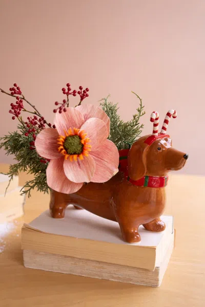Kalalou Ceramic Christmas Dachshund Planter - Candy Cane In Animal Print