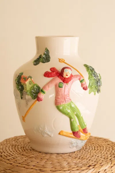 Kalalou Ceramic Christmas Vase With Skier In Neutral