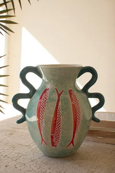 Kalalou Ceramic Colorful Fish Vase With Blue Squiggle Handles In Multi