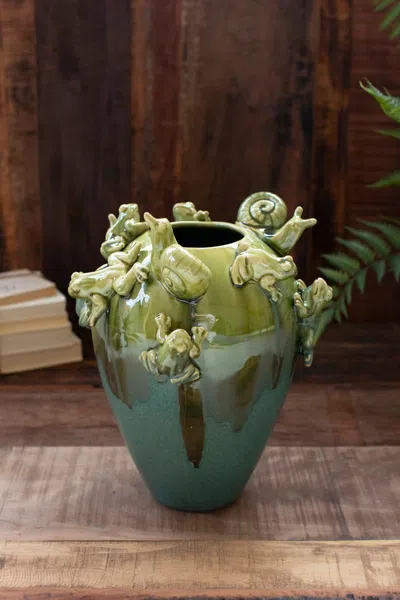 Kalalou Ceramic Frogs And Snails Vase In Green