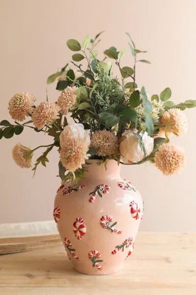 Kalalou Ceramic Vase With Peppermint Detail In Neutral