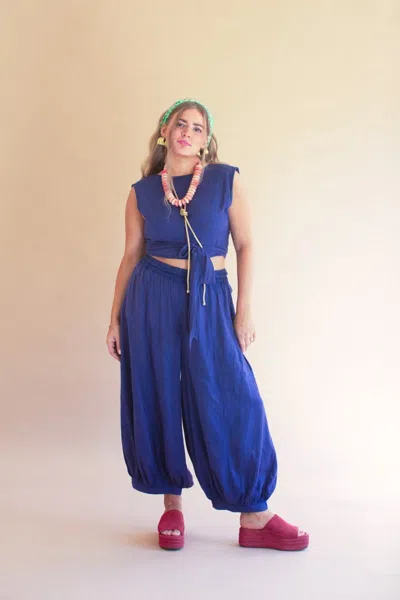 Kalalou Challis Drawstring Balloon Pant In Blue