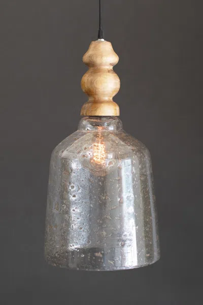 Kalalou Clear Pebbled Glass Pendant Light With Wooden Finial In Brown