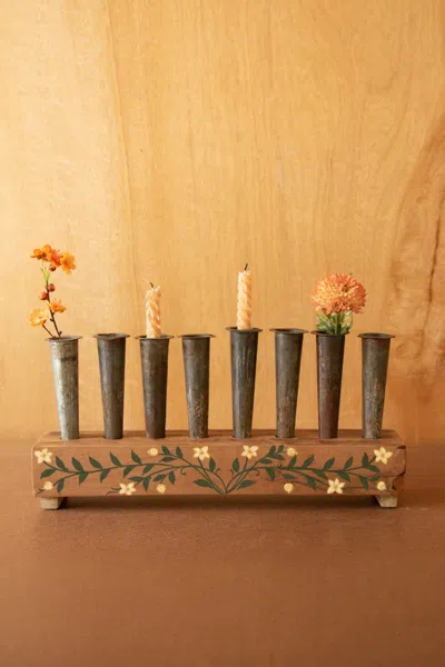 Kalalou Eight Metal Bud Vases With Painted Wooden Base In Brown