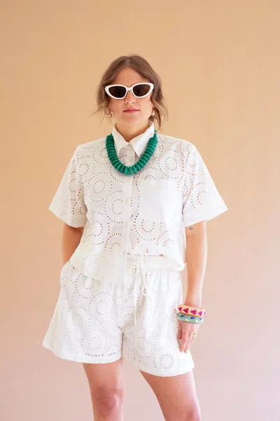 Kalalou Eyelet Button Down Short Sleeve Shirt-cotton In White
