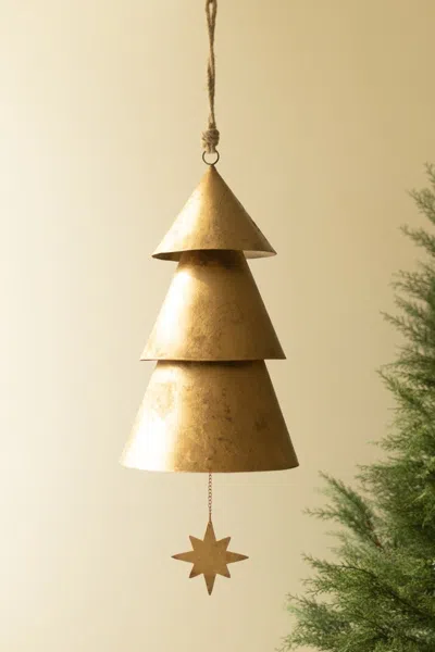 Kalalou Giant Antique Gold Christmas Tree Bell With Velvet Hanger In Animal Print