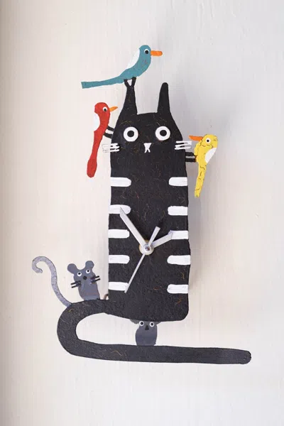 Kalalou Hand Painted Wall Clock - Black Cat With Birds