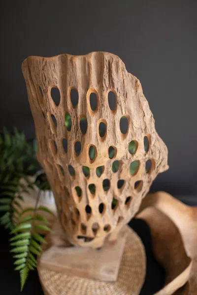Kalalou Hand-carved Teak Wood Scuplture On A Base - Perforated