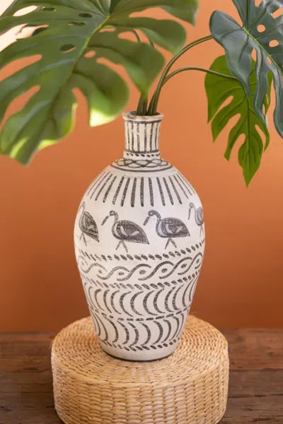 Kalalou Hand-painted Clay Bird Vase In Gray