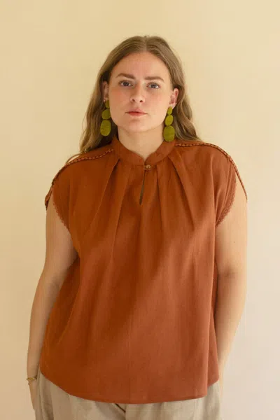 Kalalou High-neck Short-sleeve Blouse W Flat Pom-pom Lace- Cinnamon In Brown