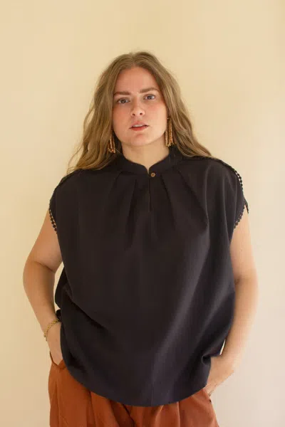 Kalalou High-neck Short-sleeve Blouse W Flat Pom-pom Lace -midnight In Multi