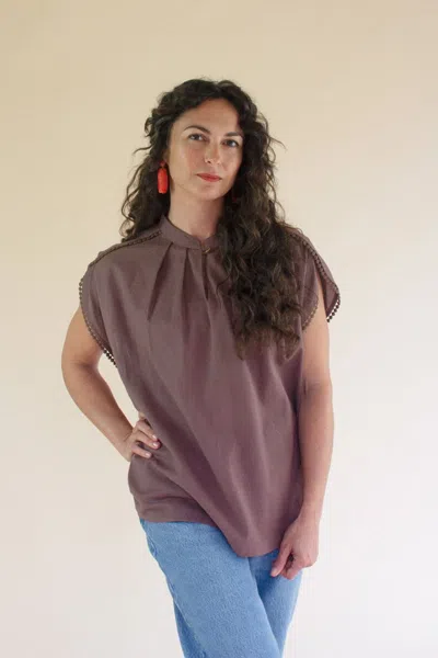 Kalalou High-neck Short-sleeve Blouse With Flat Pom-pom Lace- Mulberry In Red
