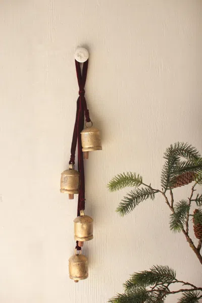 Kalalou Jingle Bell Cluster With Maroon Velvet Ribbon In Multi
