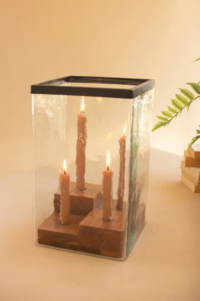 Kalalou Large Glass Hurricane With Four Taper Holder Wood Base
