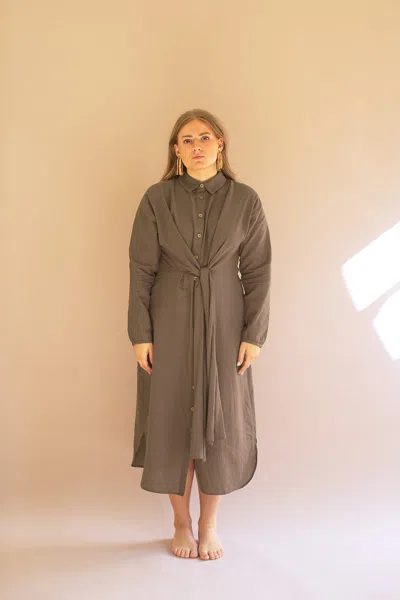 Kalalou Long-sleeve Buttondown Dress W Front-tie Detail In Brown