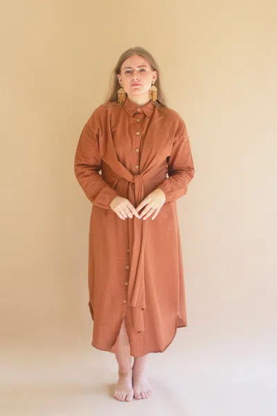 Kalalou Long-sleeve Buttondown Dress W Front-tie Detail In Brown