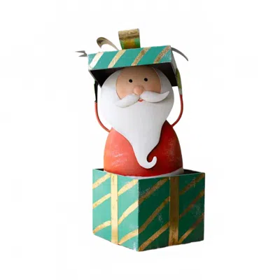 Kalalou Painted Metal Santa With Christmas Gift Box In Multicolor In Green