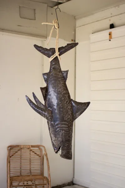 Kalalou Recycled Hand Hammered 3d Shark With Sisal Rope In Blue