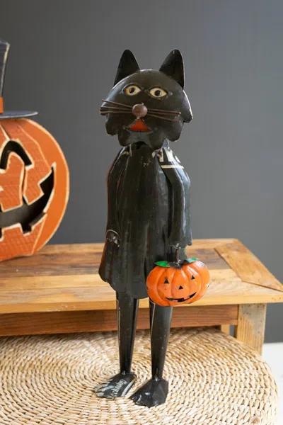 Kalalou Recycled Iron Standing Black Halloween Cat Holding Pumpkin