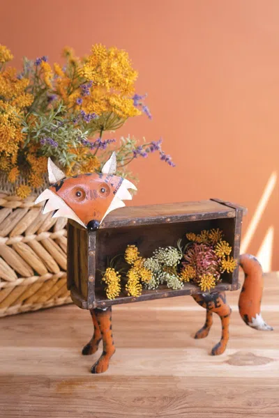 Kalalou Recycled Metal Fox With Wooden Brick Mold In Brown