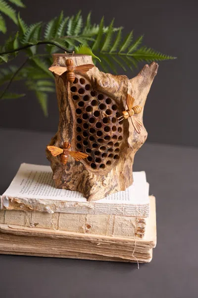 Kalalou Repurposed Tabletop Wood Sculpture With Hand-carved Bees In Brown