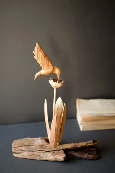 Kalalou Repurposed Wood Sculpture With Hand Carved Humming Bird In Brown