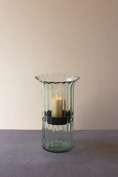 Kalalou Ribbed Glass Candle Cylinder W Rustic Insert - Medium