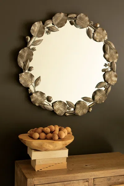 Kalalou Round Rustic Framed Mirror With Leaf Detail In Gold