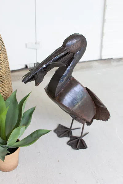 Kalalou Rustic Recycled Metal Pelican With Fish In Brown