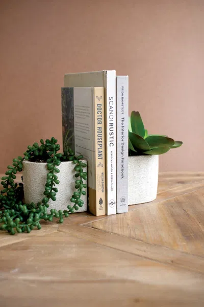 Kalalou Set Of 2 White Concrete Bookend Planters In Multi