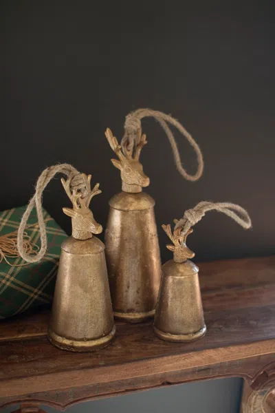 Kalalou Set Of 3 Antique Gold Metal Christmas Bells W Deer Finials In Brown