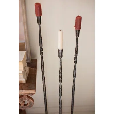 Kalalou Set Of 3 Tall Forged Iron Taper Candle Holders - Ant Brass In Brown