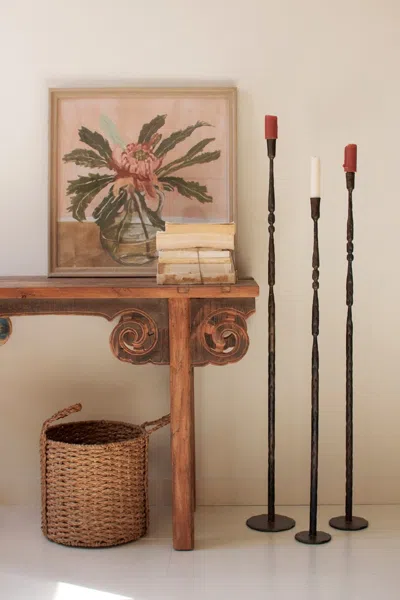 Kalalou Set Of 3 Tall Forged-iron Taper Candle Holders - Ant Brass