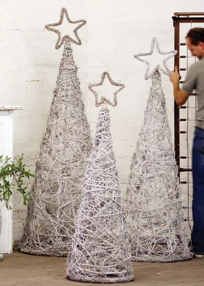Kalalou Set Of 3 Whitewash Giant Iron Twig Topiaries W Star Finials