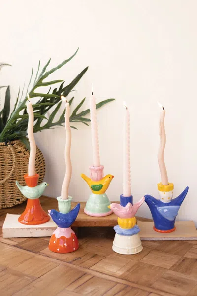 Kalalou Set Of Five Ceramic Birds Taper Candle Holders