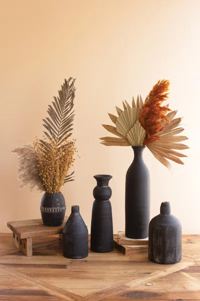 Kalalou Set Of Five Modern Black Clay Vases