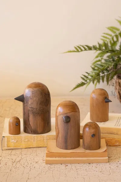 Kalalou Set Of Five Teakwood Bird Scupltures In Brown