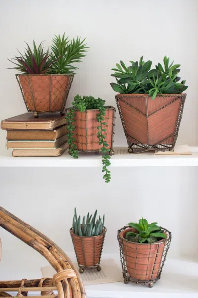 Kalalou Set Of Five Terracotta Planters W Wire Wrap & Brass Detail