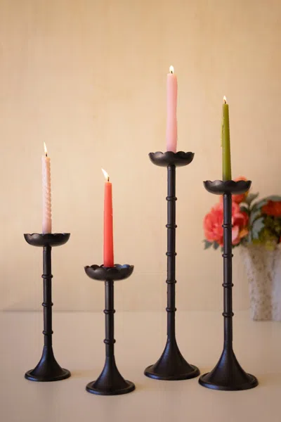 Kalalou Set Of Four Cast Alumunum Taper Candle Holders - Flowers In Black