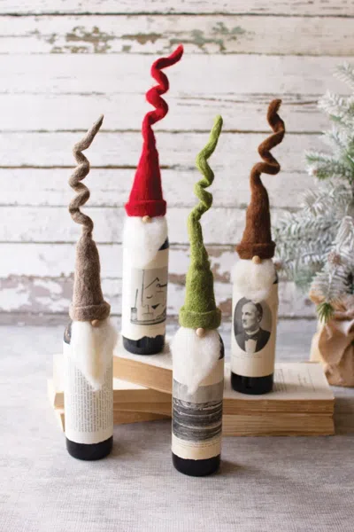 Kalalou Set Of Four Felt Santa Wine Toppers With Curly Hats