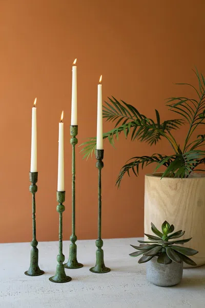 Kalalou Set Of Four Forged-iron Taper Candle Holders - Green Patina