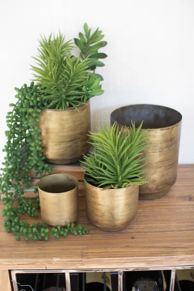 Kalalou Set Of Four Metal Aged Brass Flower Pots