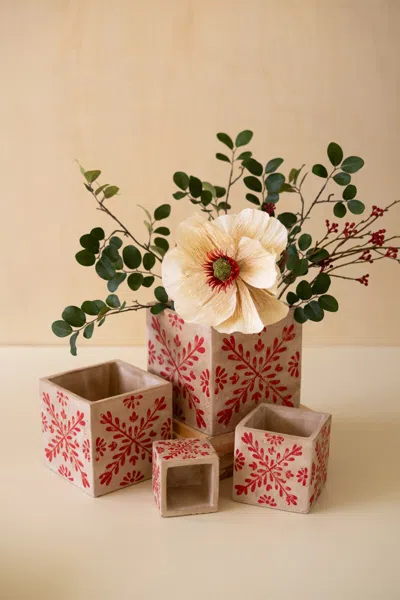 Kalalou Set Of Four Square Cement Christmas Planters With Red Detail In Multi