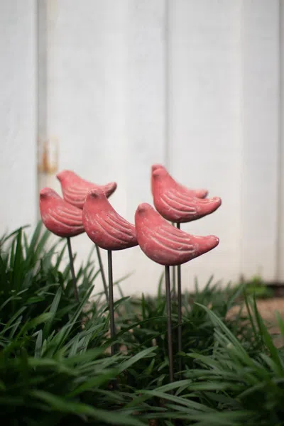 Kalalou Set Of Six Clay Red Bird Plant Stakes